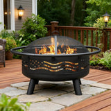 Breezz 32 Inch American Flag Fire Pit with Mesh Cover & Poker, Round Metal Wood Burning Outdoor Firepit for Patio, Garden, Backyard, Bonfire, Ideal for 4th of July, Memorial Day, Christmas