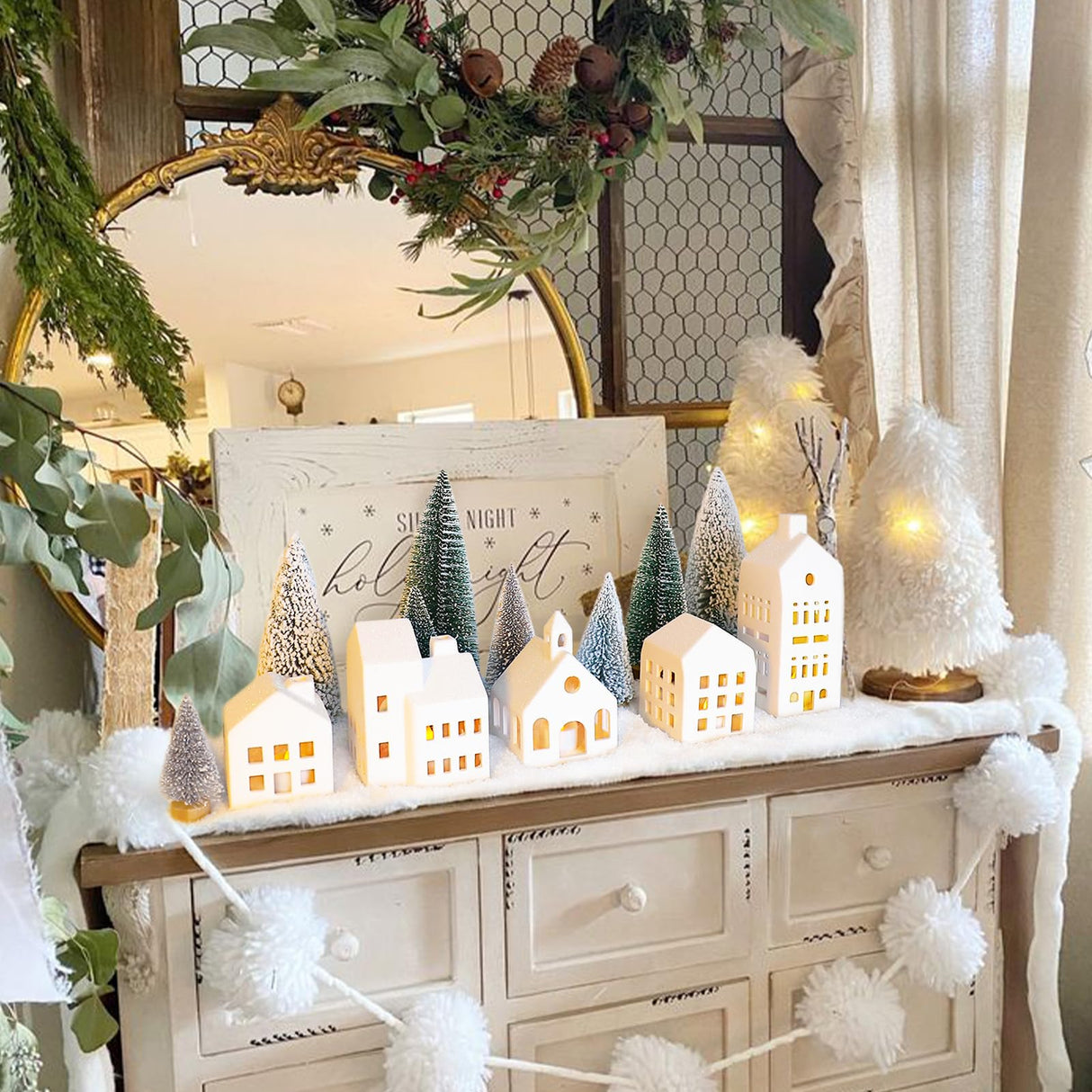 Christmas Decorations - Christmas Village Sets of 5 Lighted Ceramic Houses with Remote Control & 9 Trees - Indoor White Xmas Holiday Rustic Unique Decor for Home Table Room Farmhouse Decoration