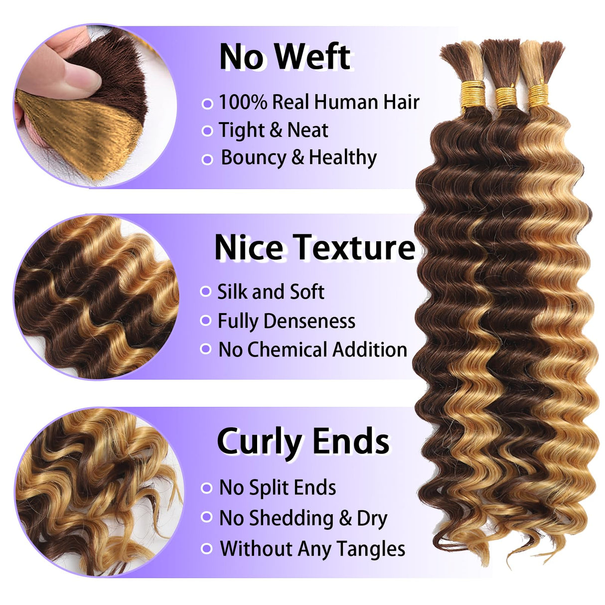 Human Braiding Hair for Boho Braids Human Hair 3 Bundles/Pack 110g 20 Inch Deep Wave Bulk Human Hair for Braiding Curly Knotless 12A Brazilian Virgin Ombre Balayage
