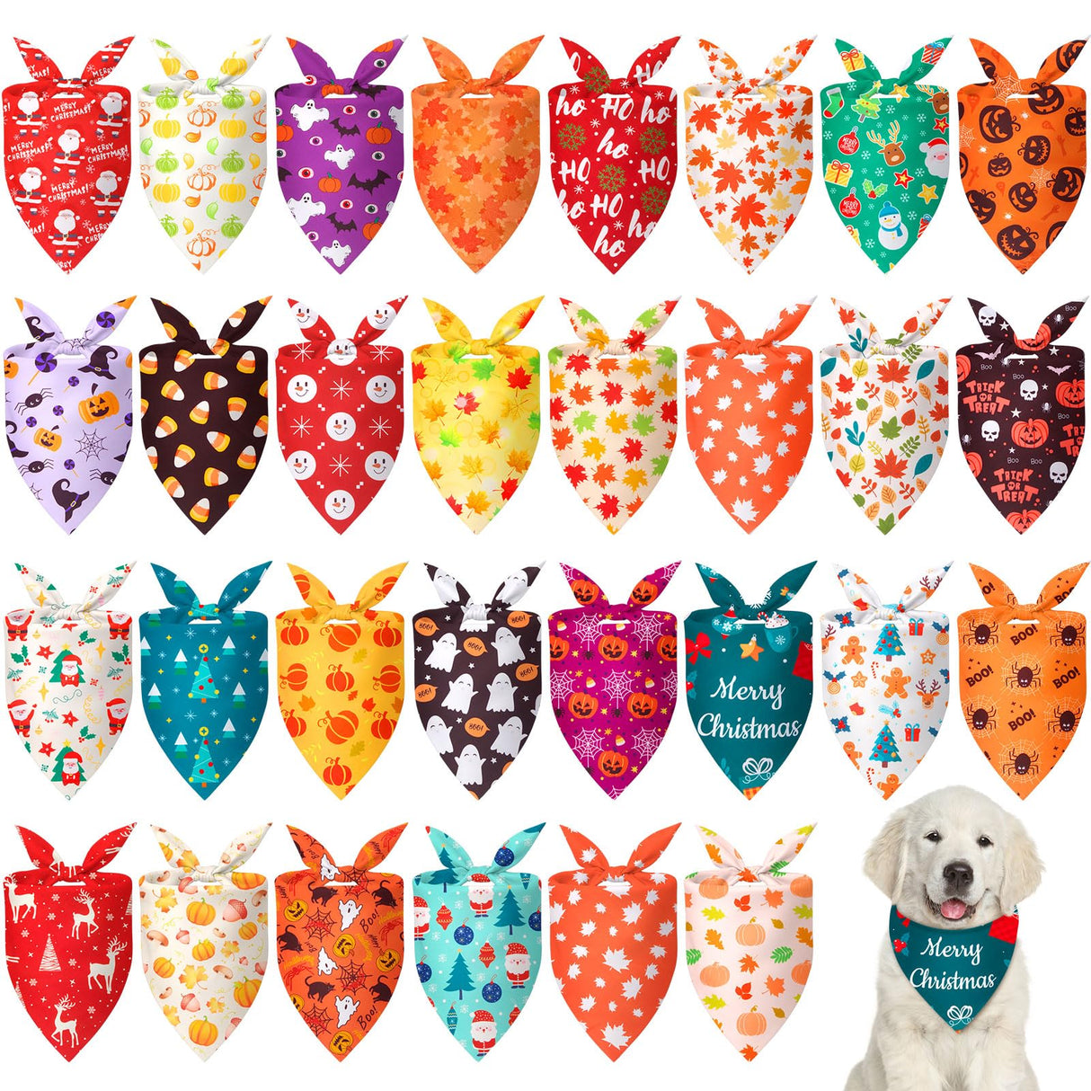 Chunful 30 Pcs Holiday Dog Bandanas Bulk for Fall Thanksgiving Halloween Christmas with Maple Leaves Pumpkin Ghost Snowman Seasonal Triangle Pet Scarf for Small Medium Large 25.6 x 17.7 x 17.7 in