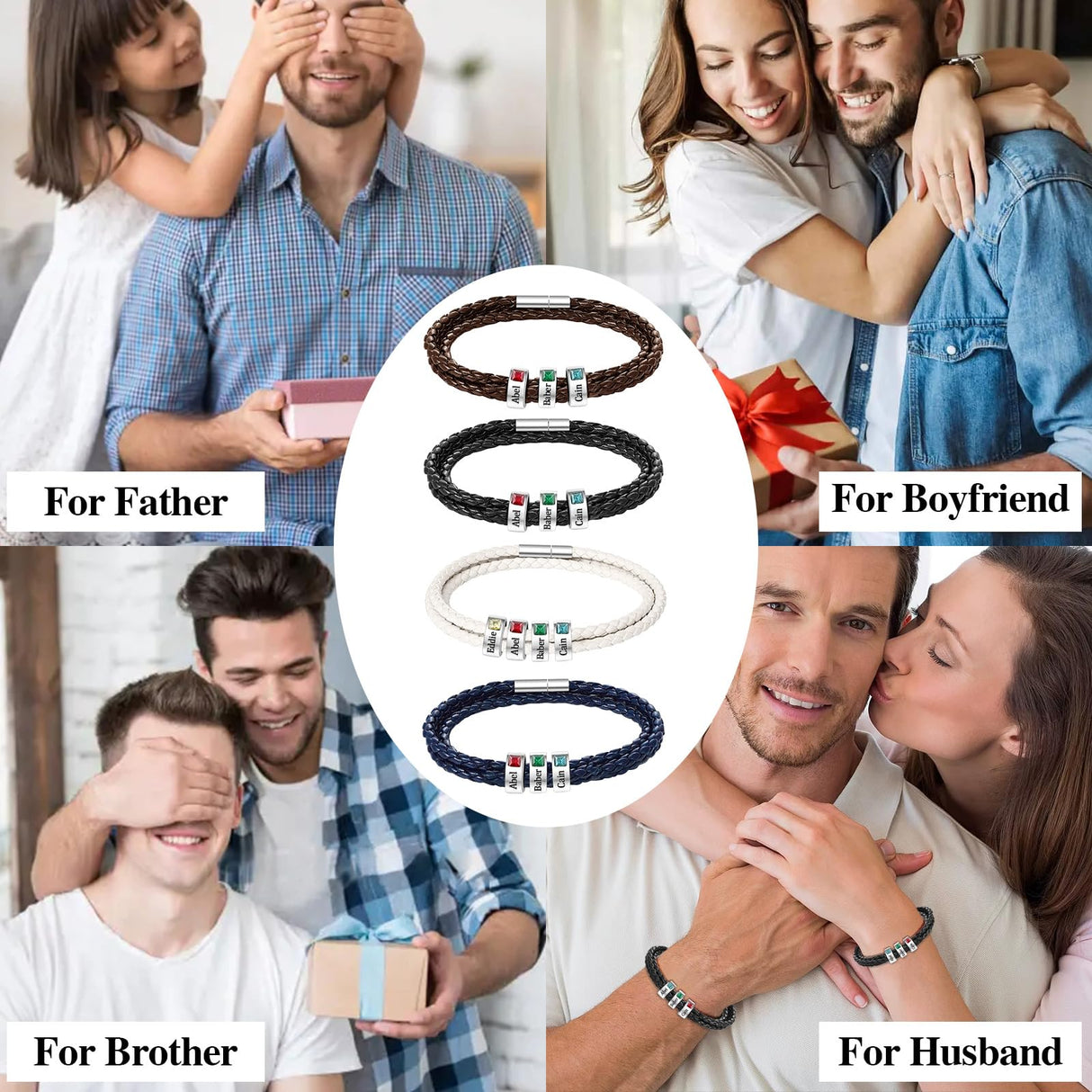 Pinkfulum Personalized Father's Day Dad Bracelet Gifts Custom Mens Leather Bracelet with 1-8 Names Beads, Customized Birthstone Bracelets Gifts for Husband Dad Grandpa