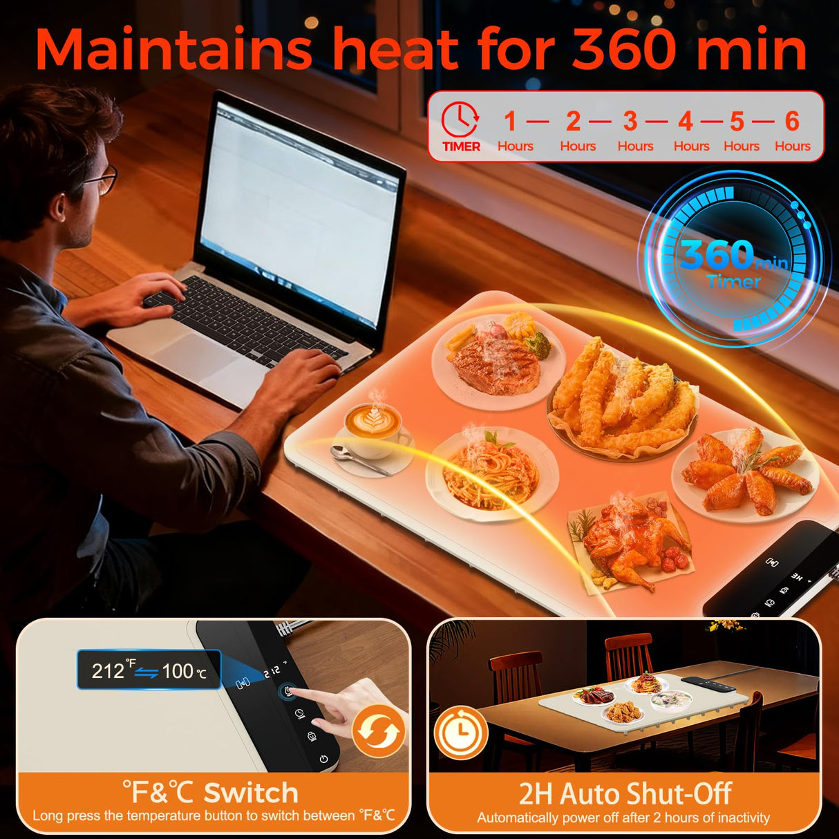 Warming Mat for Food | Dishwasher Friendly,Full-Surface Food Warmer with 6-Mode Adjustable and Timer,Roll-Up & Portable Silicone Food Heating Pad with Child Lock,Electric Warming Tray for Buffet Party