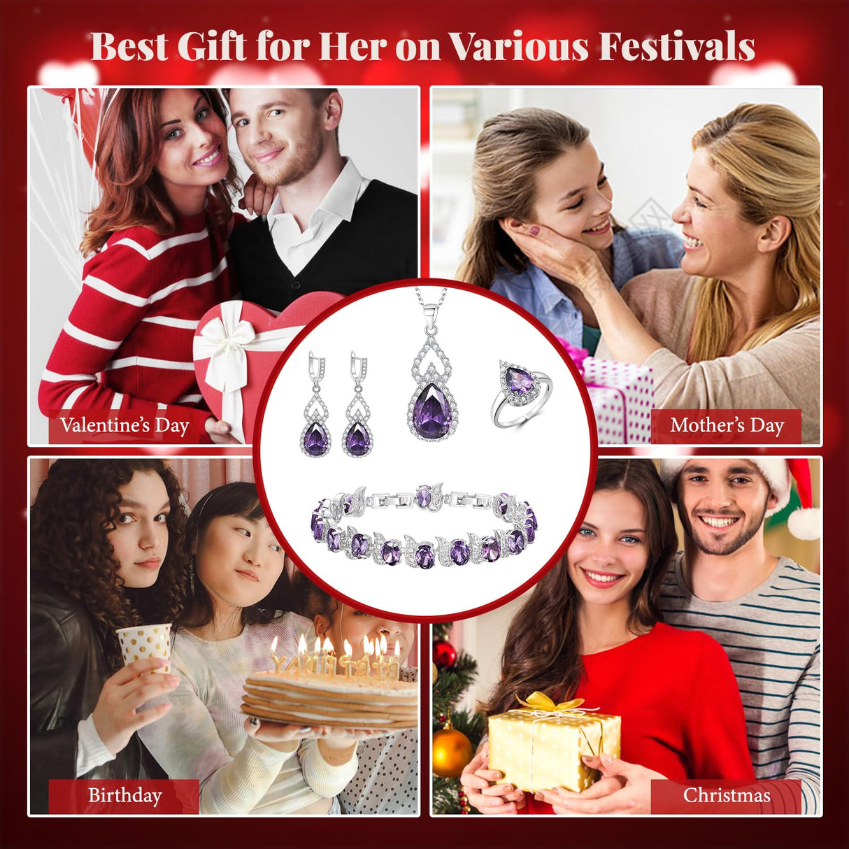 BriLove Wedding Jewelry Set for Women Bride Bridesmaid, Gorgeous Cubic Zirconia Teardrop Necklace Earrings Bracelet Adjustable Ring Set Gift for Birthday/Anniversary Purple Silver-Tone