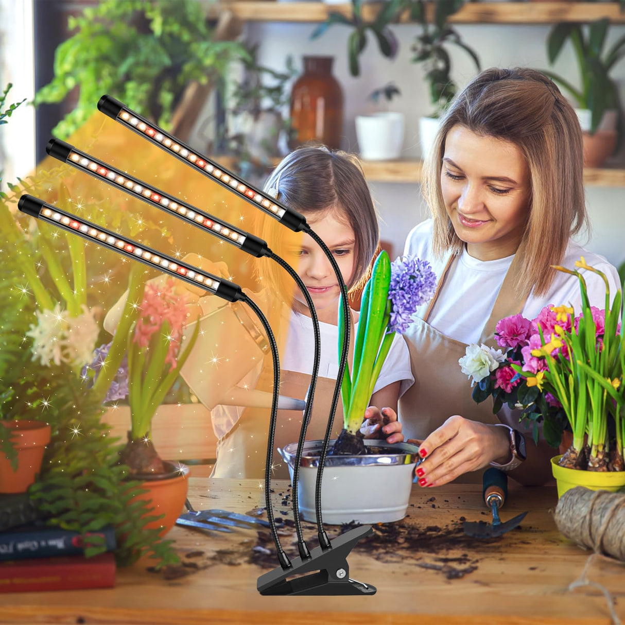 2 Pack Plant Lights for Indoor Growing, 3 Heads Grow Lights for Seed Starting, Full Spectrum Clip Grow Lamps with Auto ON & Off Timer 3/9/12H, 3 Switch Modes, 10 Dimming for Houseplants