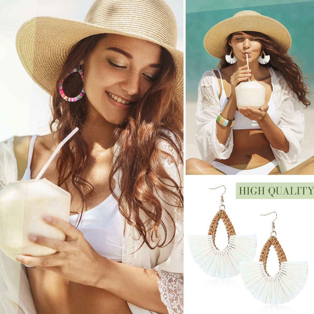 Kigeli 6 Pair Beach Raffia Earrings Summer Statement Rattan Earrings Heishi Drop Hoop for Women Colorful Beaded Tassel Dangle Boho Earring Handmade Jewelry Teacher Gift(Rainbow Color)