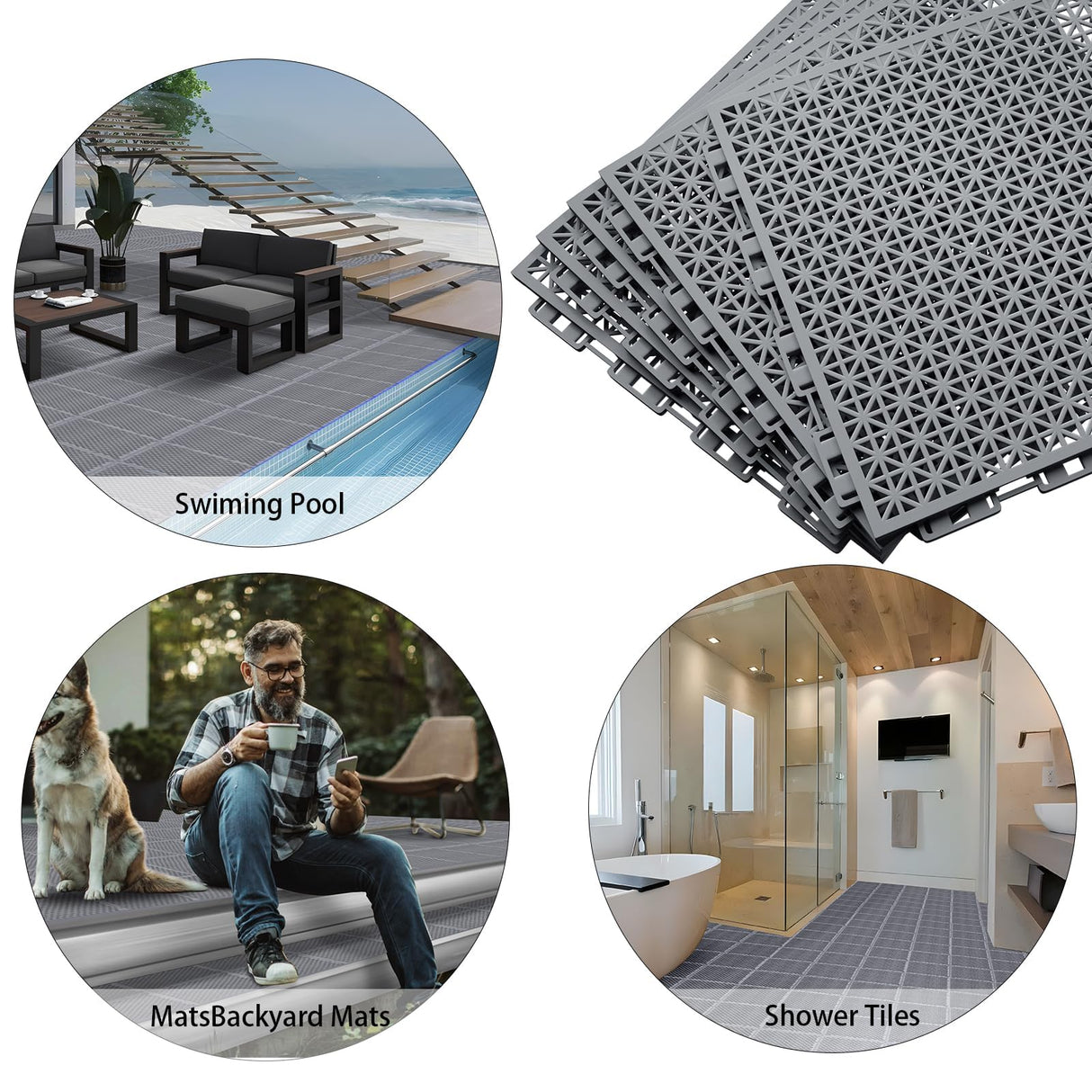 16 PCS Modular Interlocking Cushion Interlocking Floor Tiles with Hole Drainage Mat 10" x 10" Non Slip Pool Deck Mat Outdoor for Drain Deck Pool Patio Shower Kitchen Balcony (Grey)