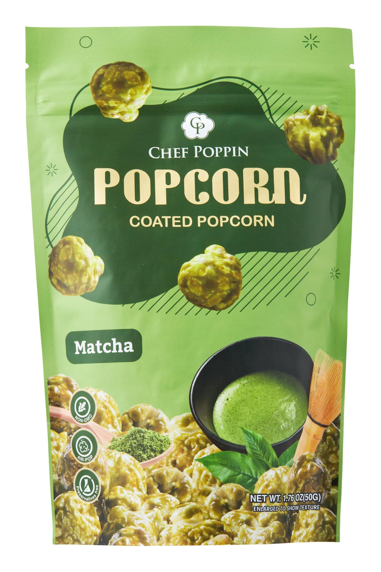 CHEF POPPIN Gourmet Flavored Popcorn, Non-GMO Corn, All Natural, Matcha, 50g, 1.76 oz