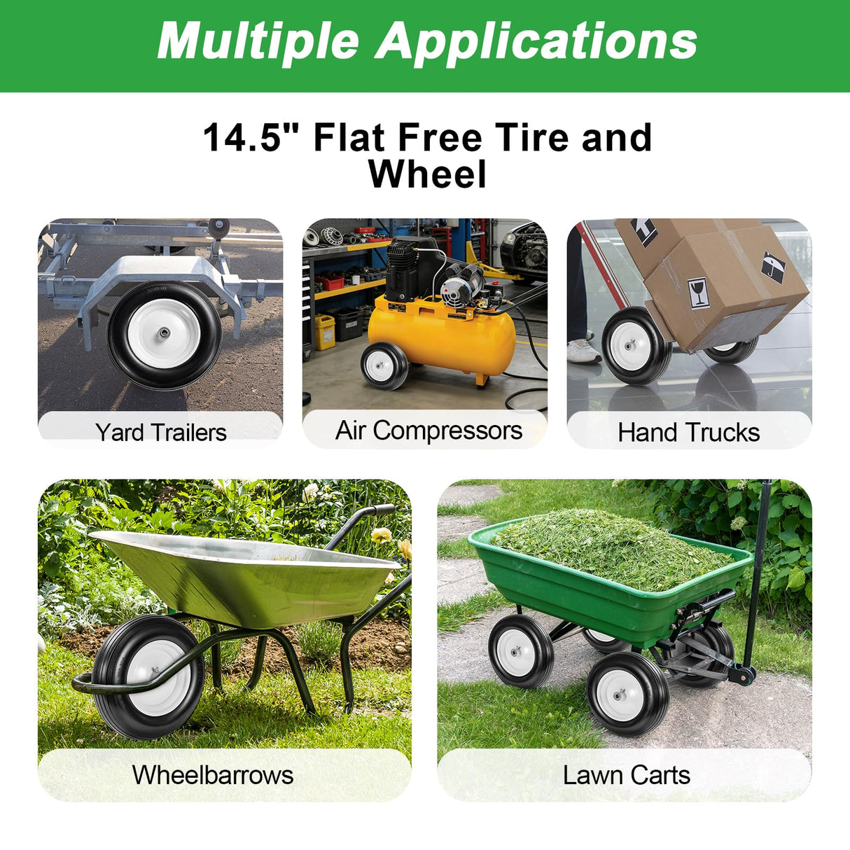 LTNICER (2-Pack) Fits 4.80/4.00-8, 3.50/2.50-8, 4.00-6, 4.00-8 Wheelbarrow Wheels,14.5" Wheelbarrow Flat Free Tire, with 3/4" & 5/8" Bearing,3" Hub for Garden Cart Trolley Wagon Lawn Mower
