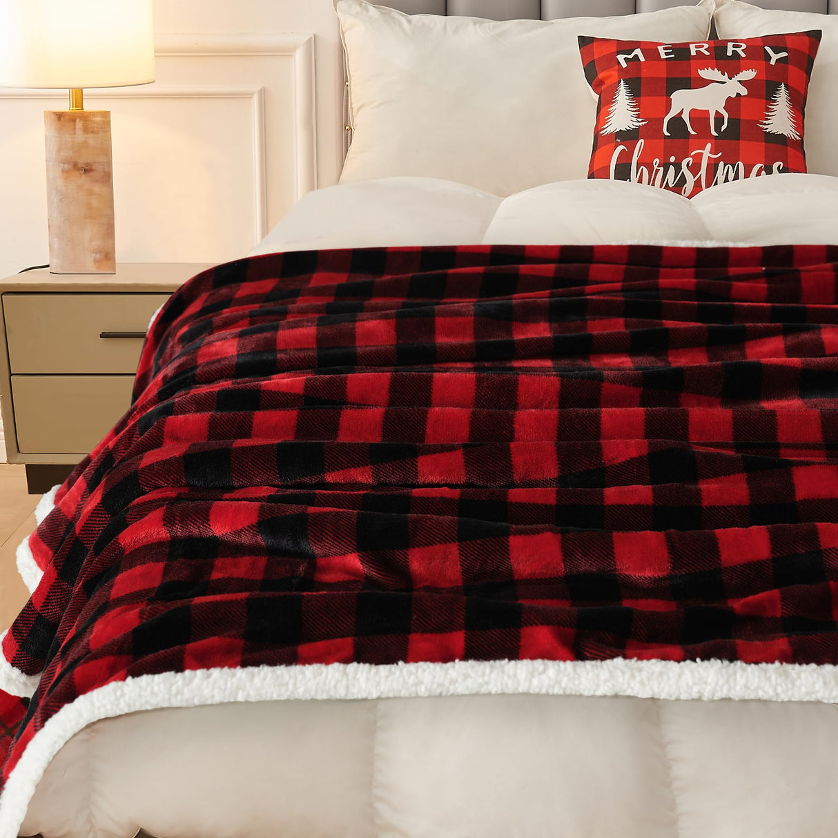 BEAUTEX Sherpa Fleece Flannel Blanket Twin Size, Super Soft Warm Buffalo Plaid Plush Microfiber Blankets, Cozy Fuzzy Christmas Blanket for Couch Sofa Bed (Red, 60" x 80")