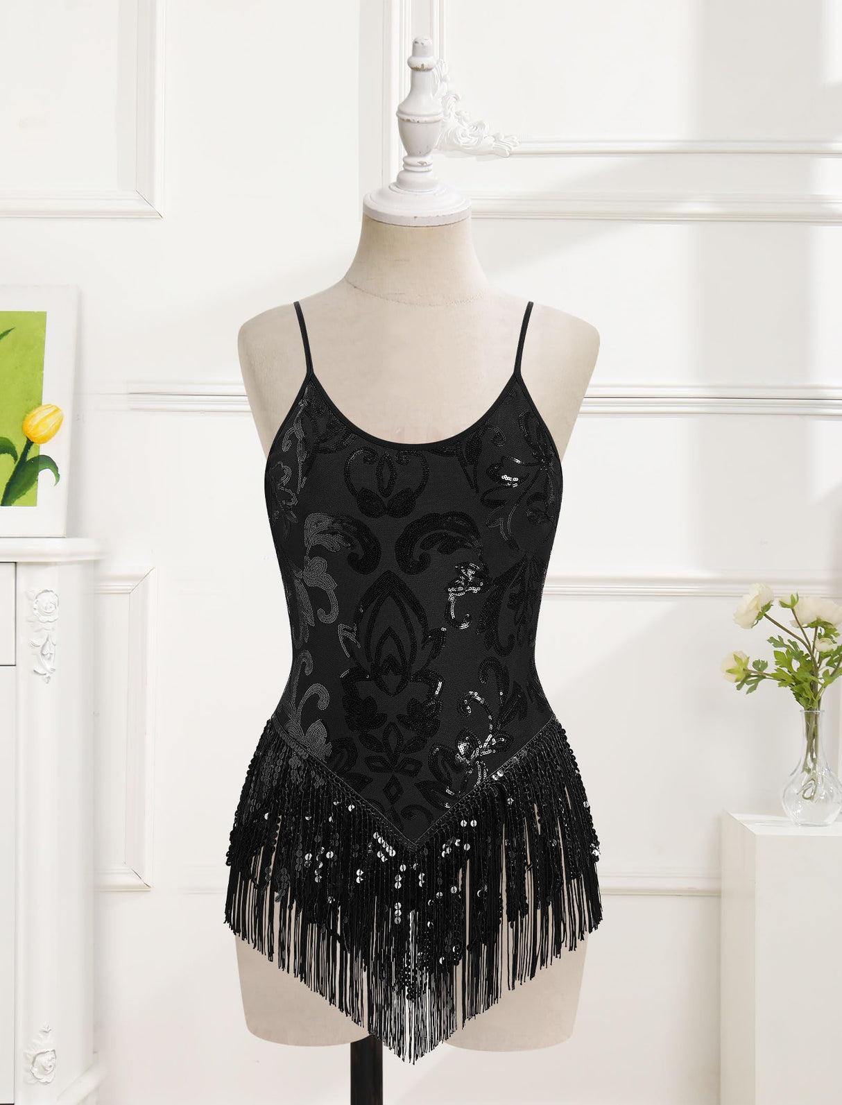 IBAKOM Women Sexy Shiny Sequins Fringe Bodysuit Sparkly Tassel Latin Jazz Dance Acrobat Costume Adult Circus Trapeze Artist Dancing Queen Rave Outfits Glitter Christmas Dance Leotard Black M