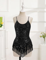 IBAKOM Women Sexy Shiny Sequins Fringe Bodysuit Sparkly Tassel Latin Jazz Dance Acrobat Costume Adult Circus Trapeze Artist Dancing Queen Rave Outfits Glitter Christmas Dance Leotard Black M