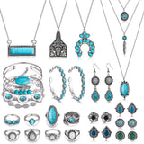 MEDOJO 26 Pcs Boho Jewelry Set for Women Bohemian Layered Western Necklace Stackable Turquoise Ring Turquoise Hoop Dangle Earrings Studs