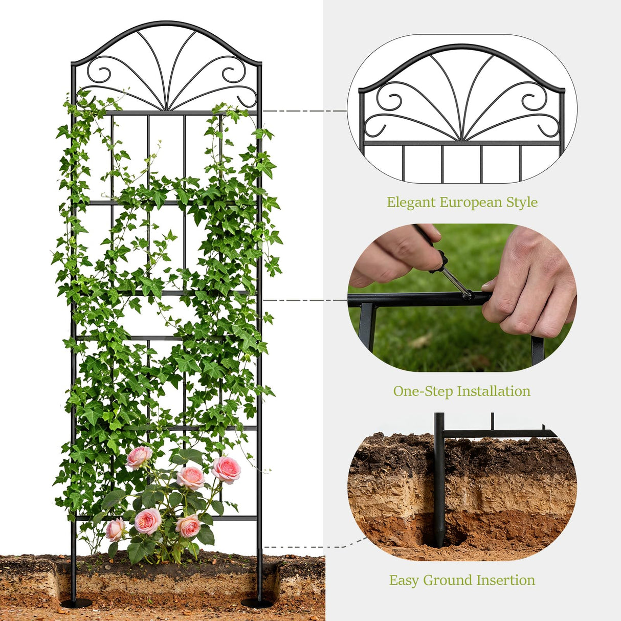 VOXOR Metal Trellis for Climbing Plants Outdoor, 60 * 19.7 Inch Tall Garden Trellis with Black Rustproof Coating, Decorative Rose Trellis for Climbing Roses, Vines, and Flowers, 2 Pack