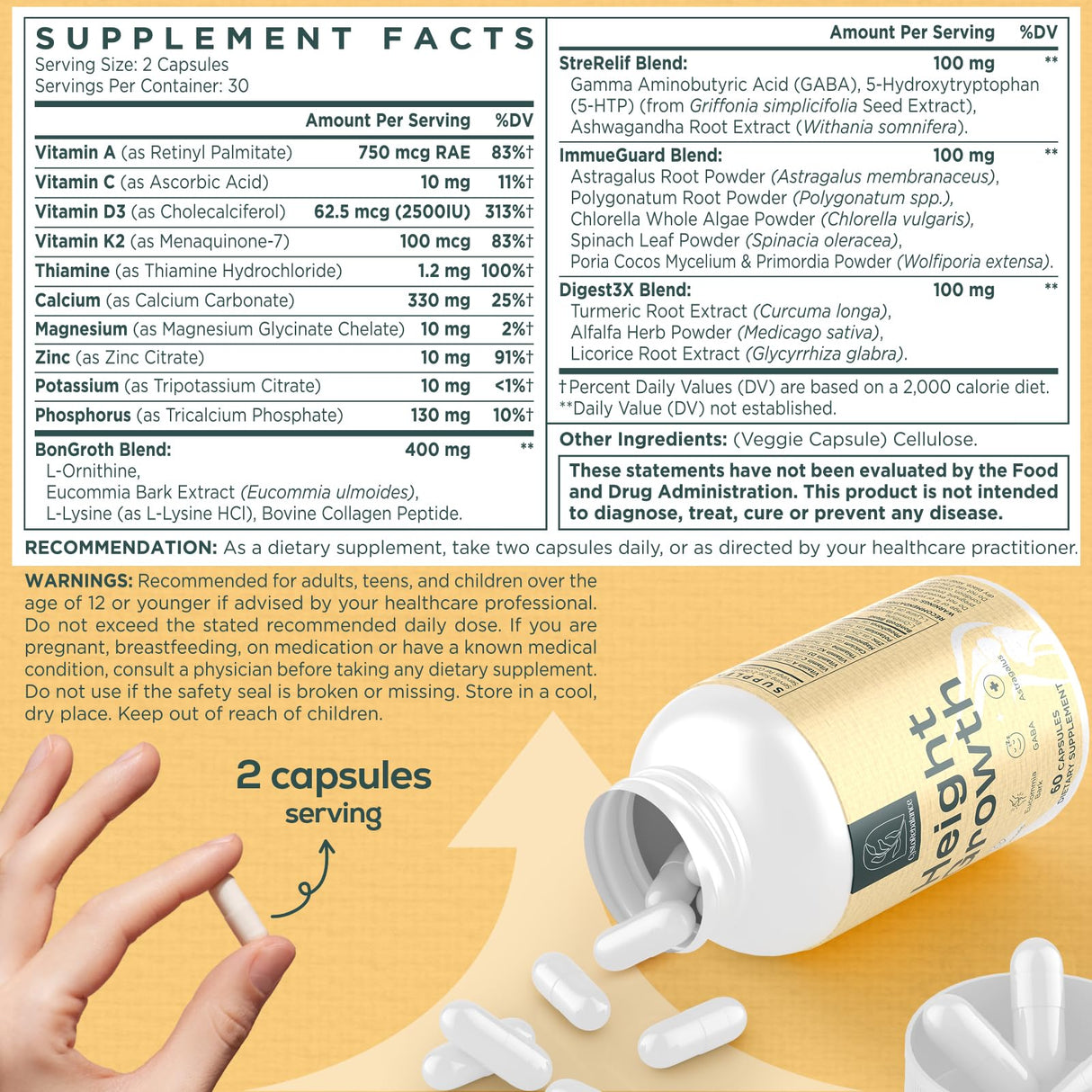 CystoRebalance 25-in 1 Bone Strength Supplement - for Natural Growth, Digestion and Stress - High Absorption - Calcium, Magnesium, Zinc, Ashwaganda and Multivitamins for Age 12+ | 60 Caps