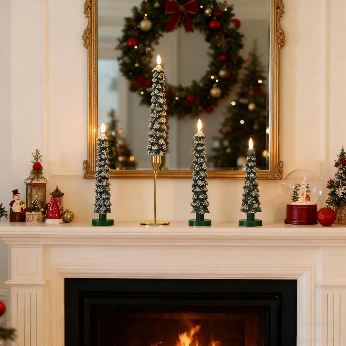 MUMCHASI 4 Pcs Flameless Taper Candles, Christmas Tree Candles with Remote, Battery Operated Candlesticks, Flickering LED Window Candlelights Real Wax Christmas Candlesticks H9.45,11.4”Green