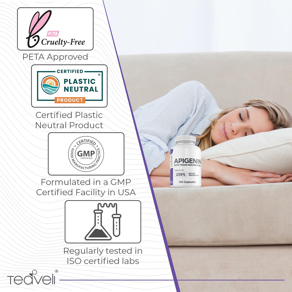 Advanced Apigenin Supplement with Resveratrol for Superior Bioavailability– 50mg Apigenin for Sleep Support Without Melatonin- Complements Magnesium Threonate, L Theanine- 120 Capsules, Vegan Friendly