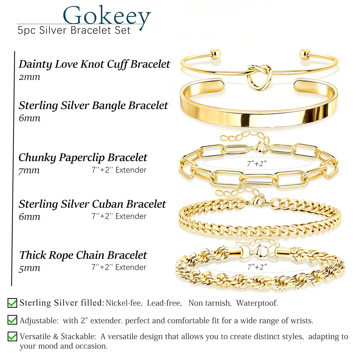 Gokeey Gold Cuff Bracelets for Women, 14K Gold Plated Bangle Bracelet Set for Women, Forever Love Knot Infinity Bangle Paperclip Beaded Twist Bracelets for Women