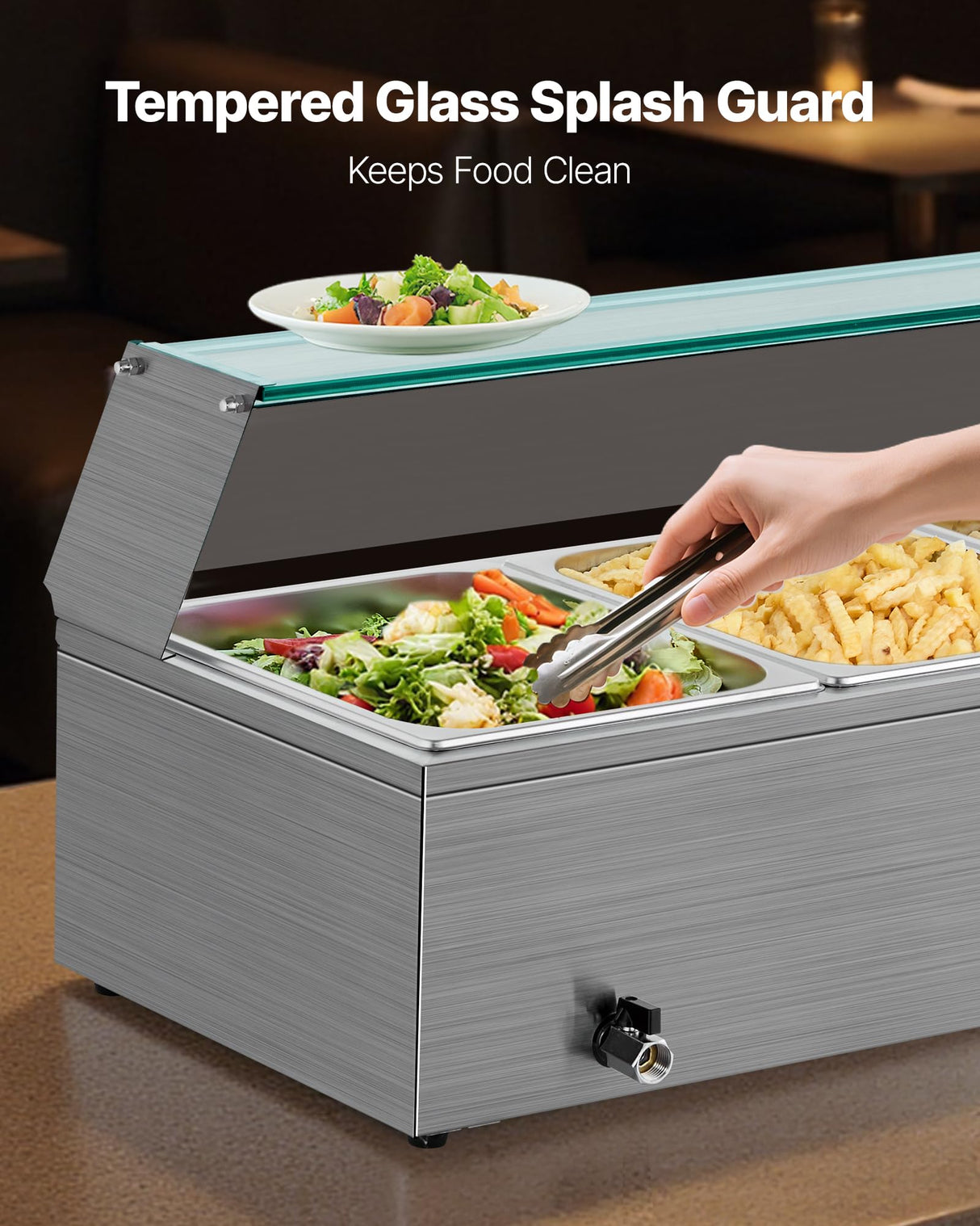 VEVOR Commercial Food Warmer, 1500W Electric Stainless Steel Steam Food Warmer with Glass Cover, 3-Pan Countertop Buffet Bain Marie with Soup & Perforated Ladles, for Catering, Restaurant & Party