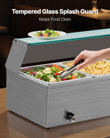 VEVOR Commercial Food Warmer, 1500W Electric Stainless Steel Steam Food Warmer with Glass Cover, 3-Pan Countertop Buffet Bain Marie with Soup & Perforated Ladles, for Catering, Restaurant & Party