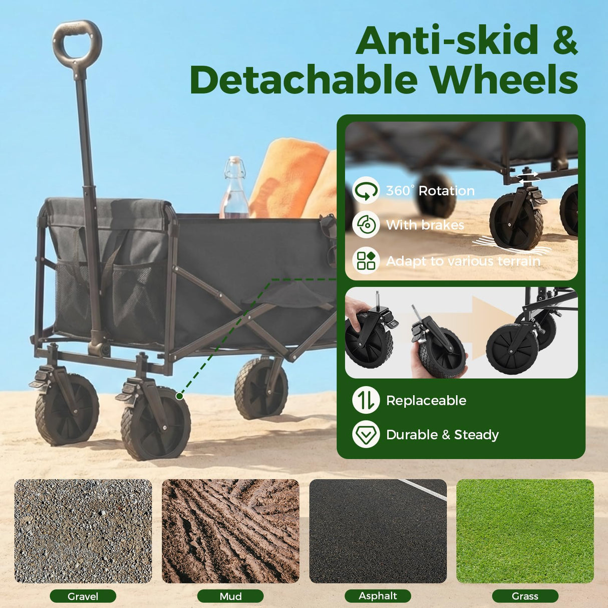 DUMOS Collapsible Wagon Cart, 330lbs Capacity, Black
