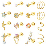 Cartilage Earring Stud for Women 14K Gold Plated Opal Flat Back Earrings