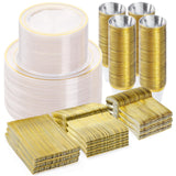 BESTVIP 600PCS Clear Gold Dinnerware Set for 100 Guests, Plastic Plates for Party, Christmas and New Year, 100 Disposable Plates, 100 Dessert Plates, 100 Cups, 100 Spoons, 100 Forks and 100 Knives