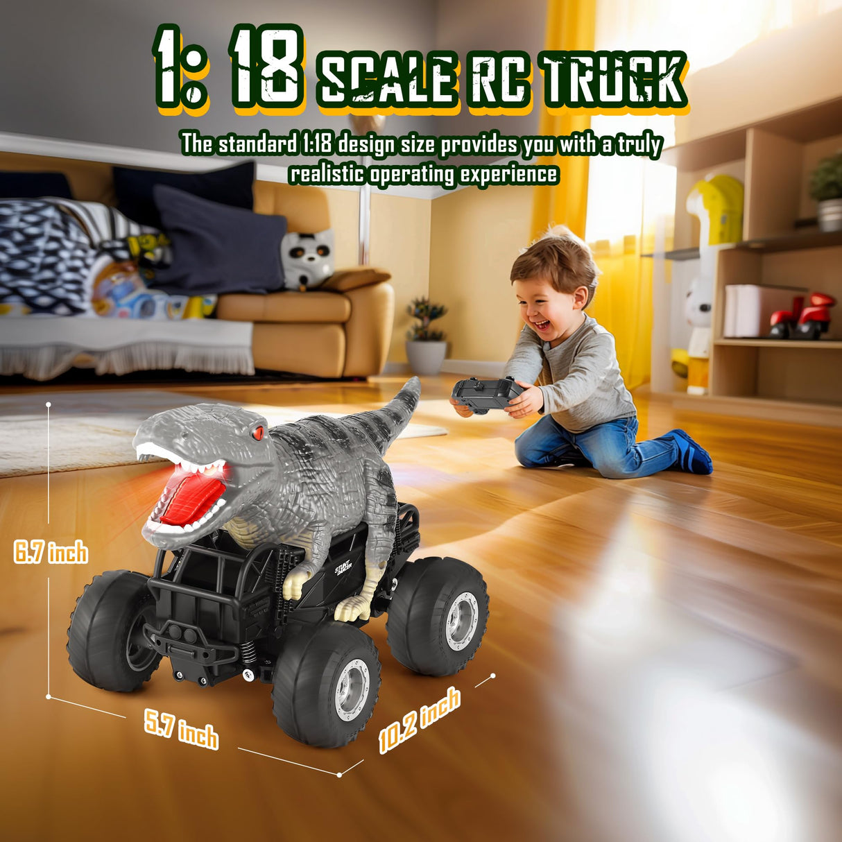 Manercey Remote Control Car, 2.4GHz 1:18 RC Cars With Light, 98FT 8KM/H 2-Rechargeable Battery, All Terrain Monster Remote Control Truck Toy, Dinosaur Monster Trucks for Boy Age 4-7, Kid 6+, Christmas