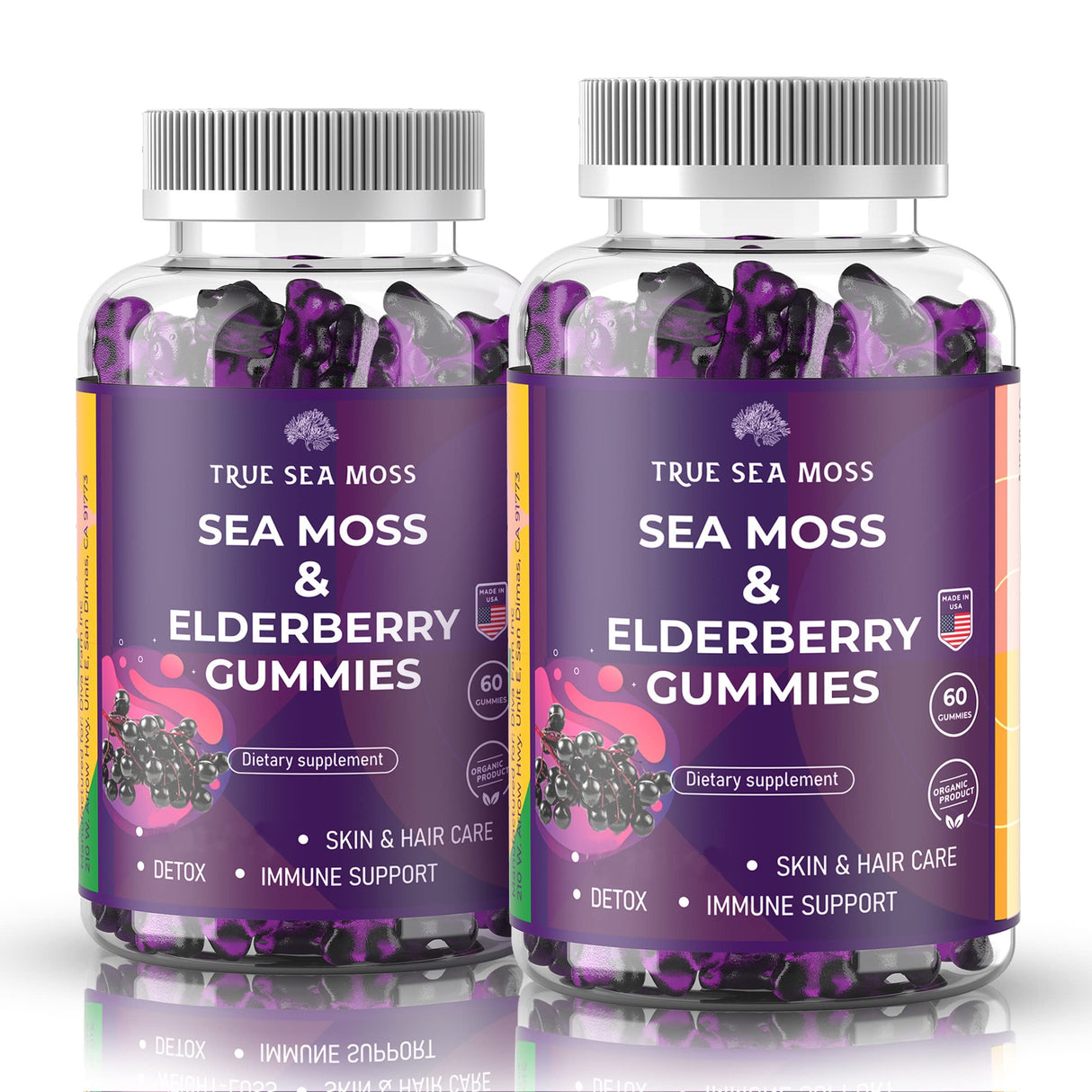 TrueSeaMoss Sea Moss Gummies, Contains Irish Sea Moss, Extract, Burdock Root, Bladderwrack, Seamoss Gel Gummies for Immune Support, Energy (60 pcs Pack of 2, SeaMoss and Elderberry)