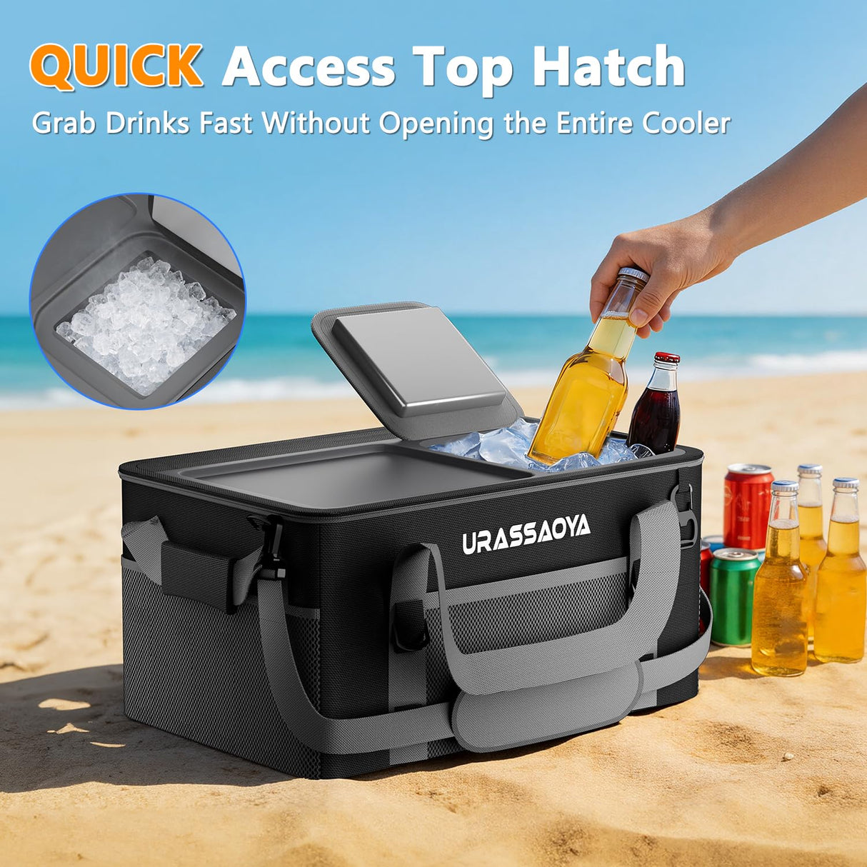 [2026 Updated] 50 Can Collapsible Soft Cooler Bag with Hard PP Lid, Leakproof Insulated Ice Chest with Quick-Access Top Hatch, Bottle Opener & Mini Table for Beach, Camping, Travel (Matte Black)