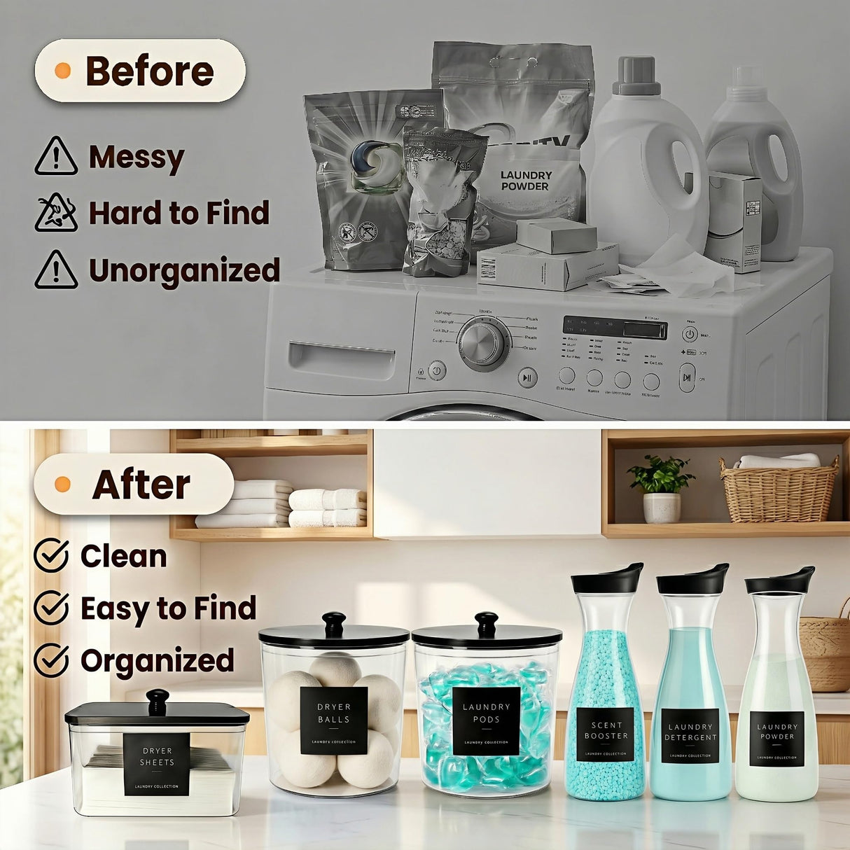 WENDORLO 6 Pack Laundry Pods Containers & Dryer Sheet Holder & Laundry Detergent Dispenser, Laundry Room Organization and Storage Jars with Lids, Labels and Scoops for Scent Booster, Powder, Pods