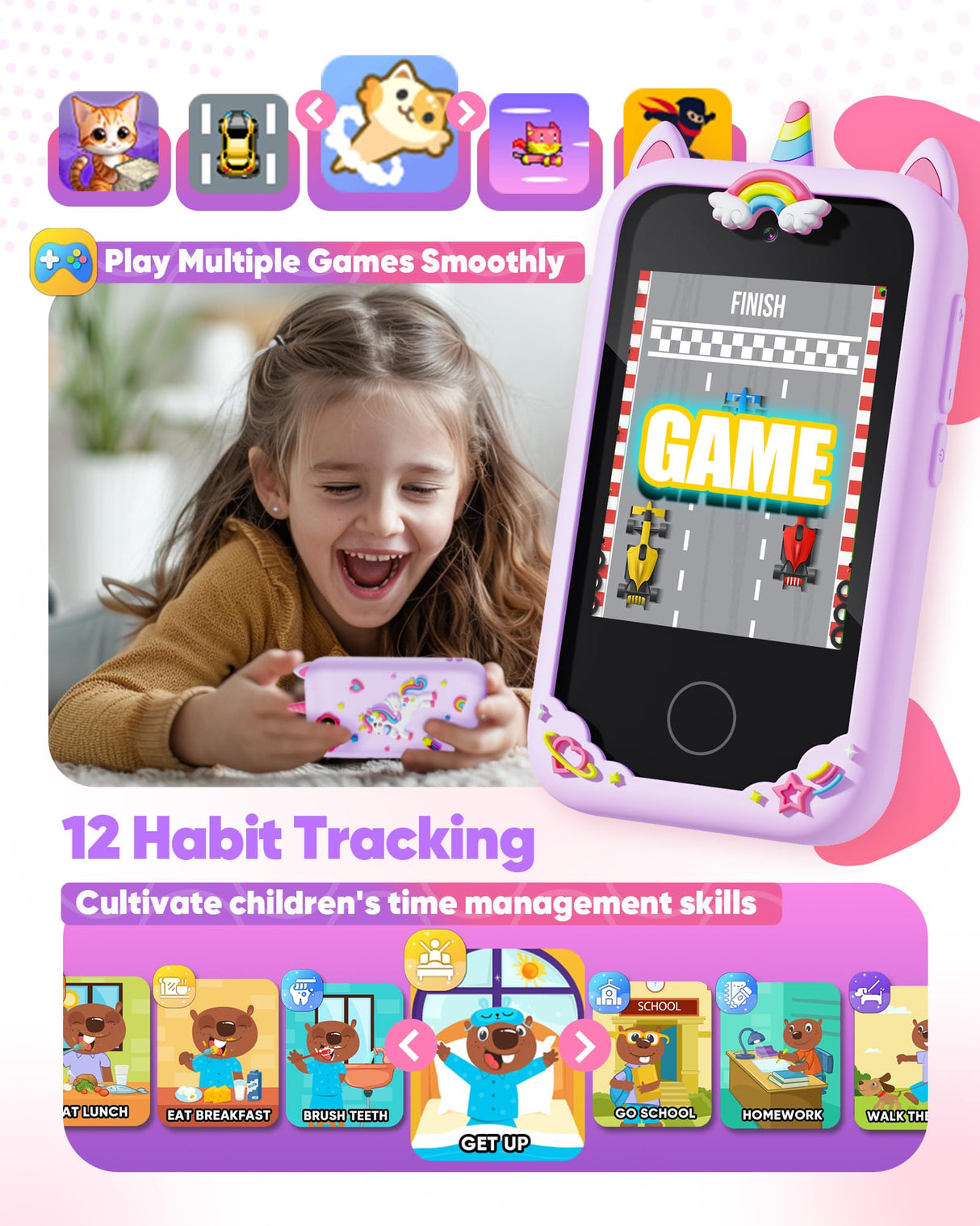 Fiechcco Gifts for Girls Age 6-8 Smart Phone Easter Christmas Stocking Stuffers for Kids Toy for Teenage 3 4 5 7 9 6 8 Year Old Birthday Gift Ideas with 8G SD Card (Purple)