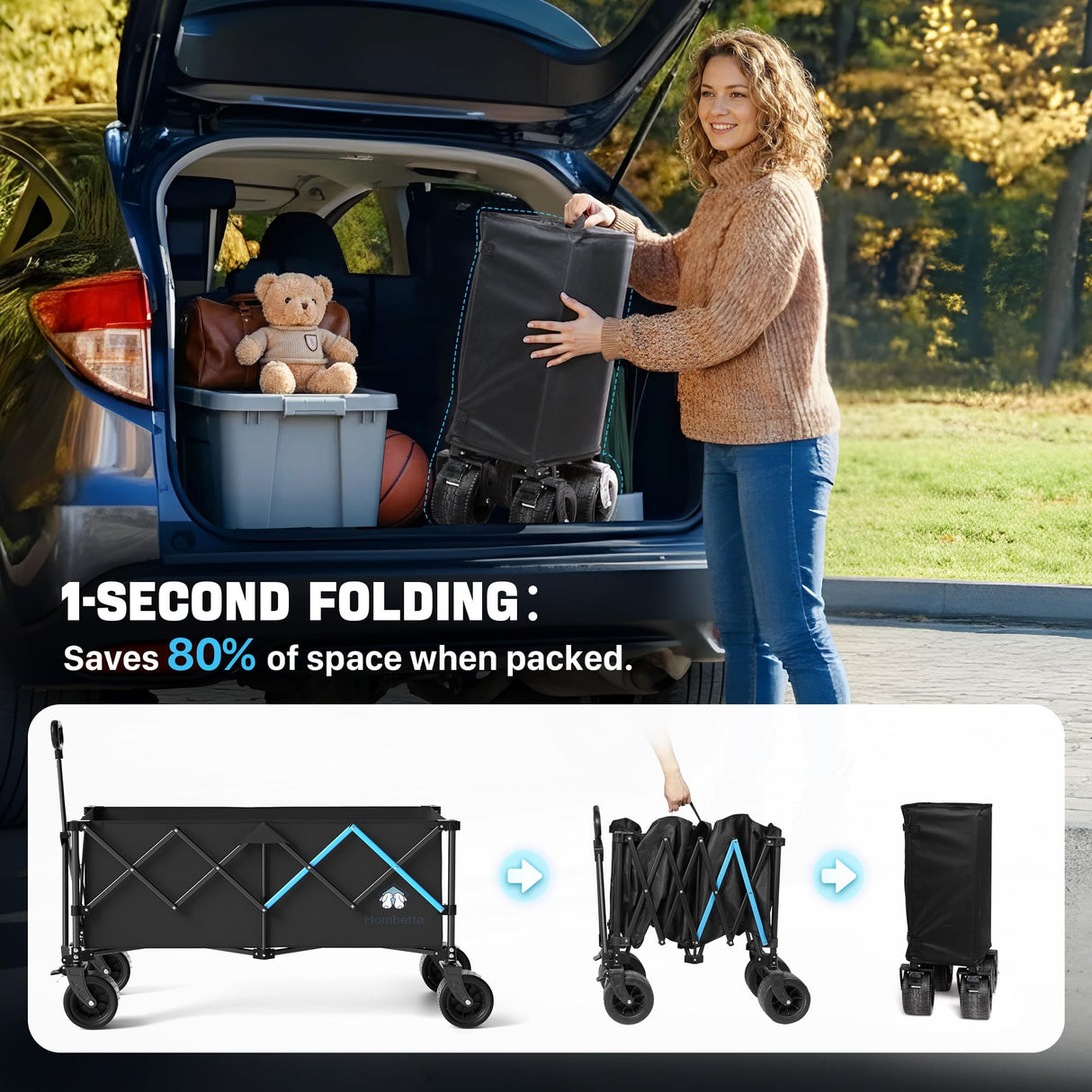 48" XL Collapsible Wagon Cart, 560 lbs Capacity Heavy Duty Folding Wagon with 7" All-Terrain Wheels, Foldable Utility Wagon for Camping, Garden, Shopping, Sports & Moving