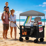 Holacamking Collapsible Canopy Wagon Cart, Heavy Duty Utility Wagon with Removable Sun Cover, All-Terrain Big Wheels, Dual Brakes, Extra Large Grocery Cart for Beach Camping Sports Tailgates, Black