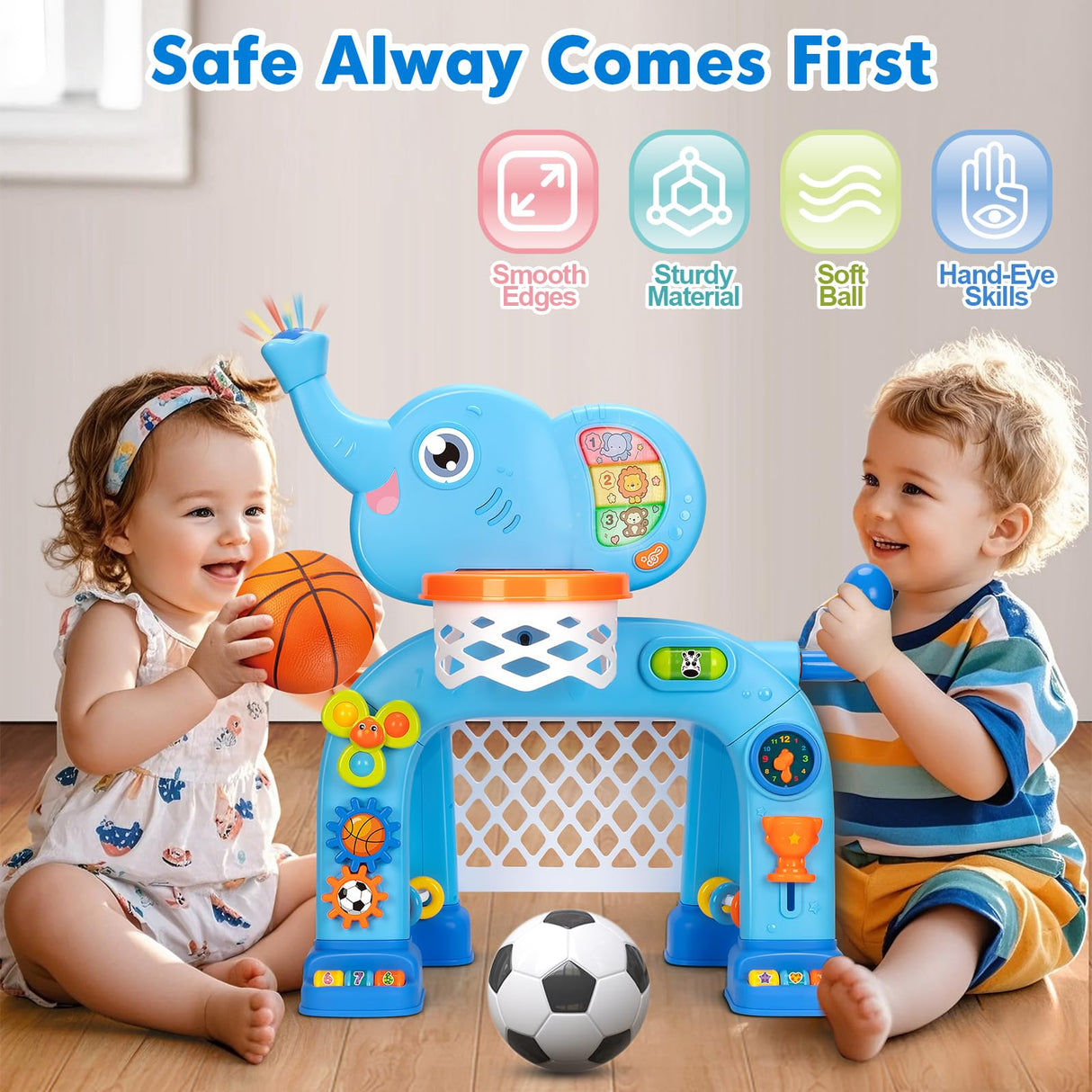 Toddler Basketball Hoop & Soccer Goal, Toys for 1 2 3 Year Old Boys Girls, Kids Sports Toy with Light Sound Music, Montessori Toys for Baby 12-18 Months, Christmas Birthday Gifts for Ages 1-3(Blue）