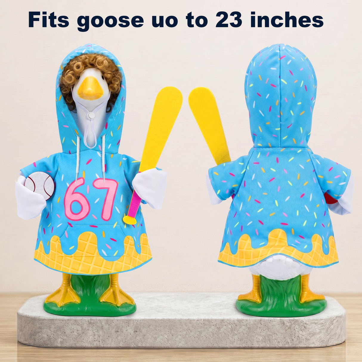 Sloakify Summer 67 Baseball Porch Goose Outfits, Ice Cream Hoodie Wigs for 23 inch Goose, Geese Statue Clothes Costume 4 Pcs Accessories, Birthday Party Garden Outdoor Yard Lawn Patio Decor