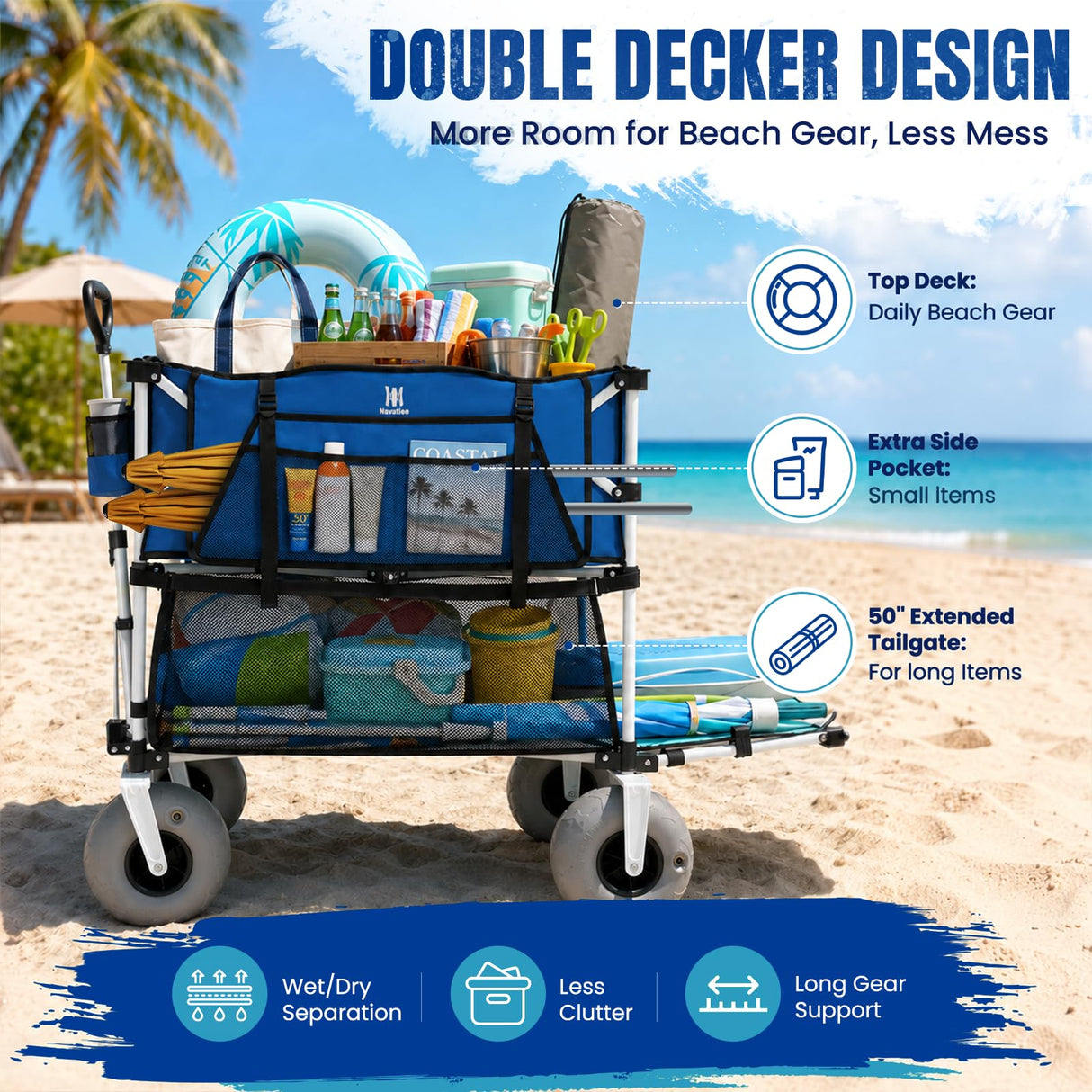 Navatiee 500Lbs Double Decker Wagon, 400L Large Capacity Heavy Duty Beach Cart with 9" Balloon Wheels for Sand, Folding Collapsible Wagon with Side Pocket for Beach, Sport, Camping, Blue