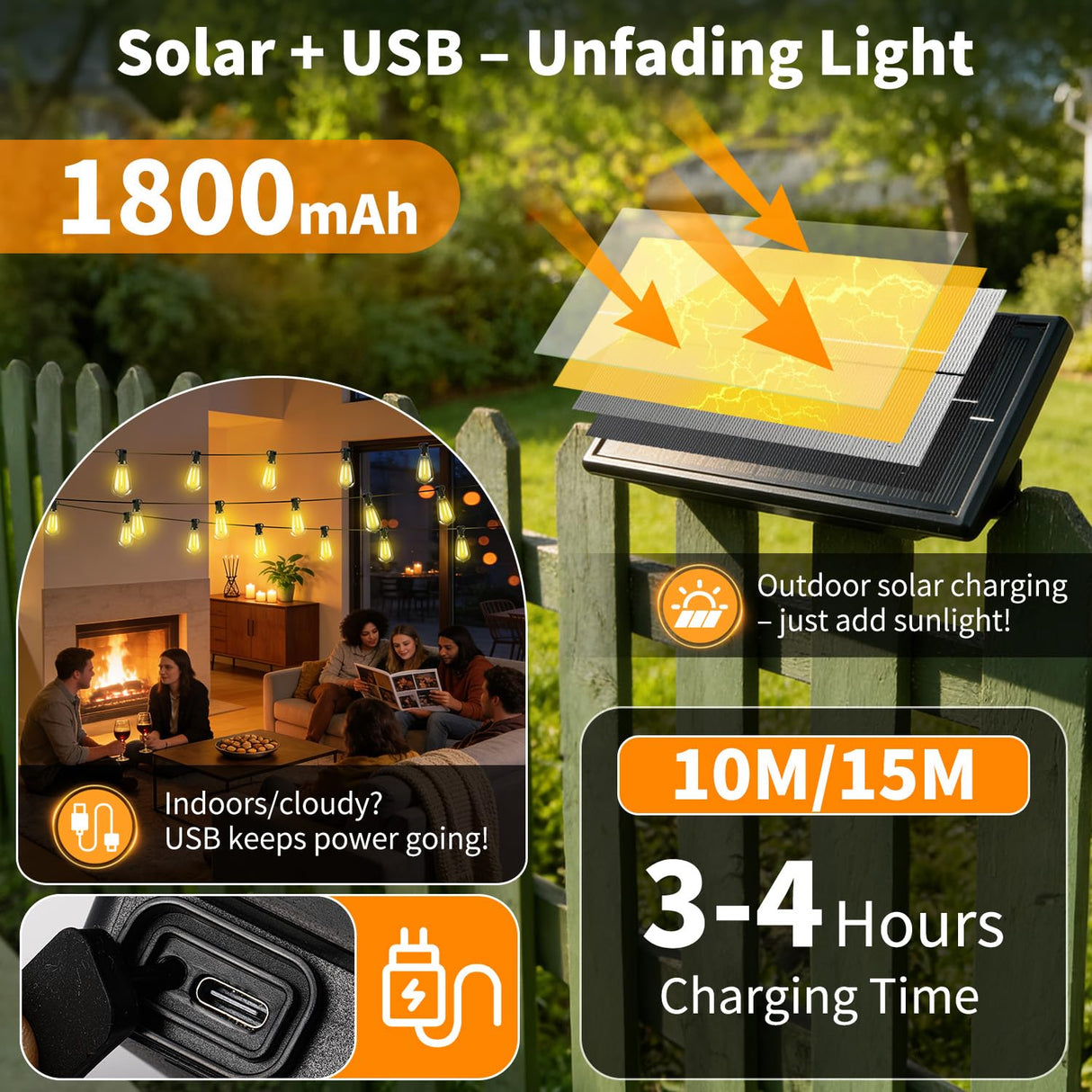 FUANXIEI Outdoor Solar String Lights Waterproof: ST38 50ft Shatterproof Patio Lights - Solar Powered & USB Dual Charging - 3 Modes Button Control - Garden Backyard Gazebo Porch Party Decor
