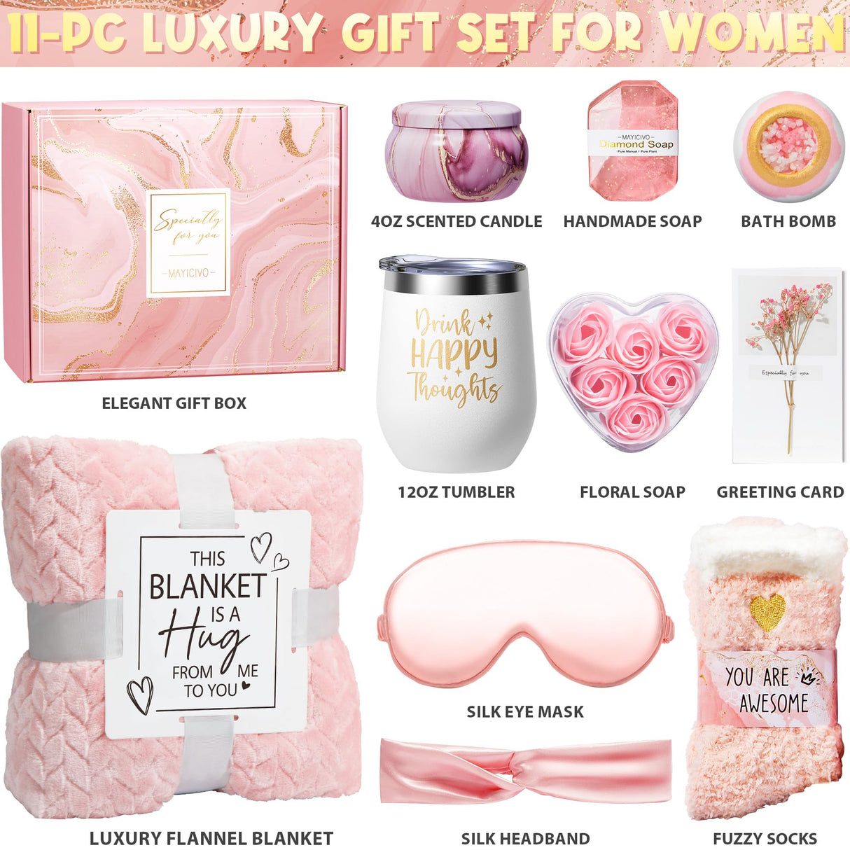 Birthday Gifts for Women Self Care Gifts Get Well Soon Gifts, Rose Relaxing Spa Gifts Basket Care Package w/ Luxury Flannel Blanket, Unique Christmas Gifts for Mom Her Friend Sister Wife Grandma