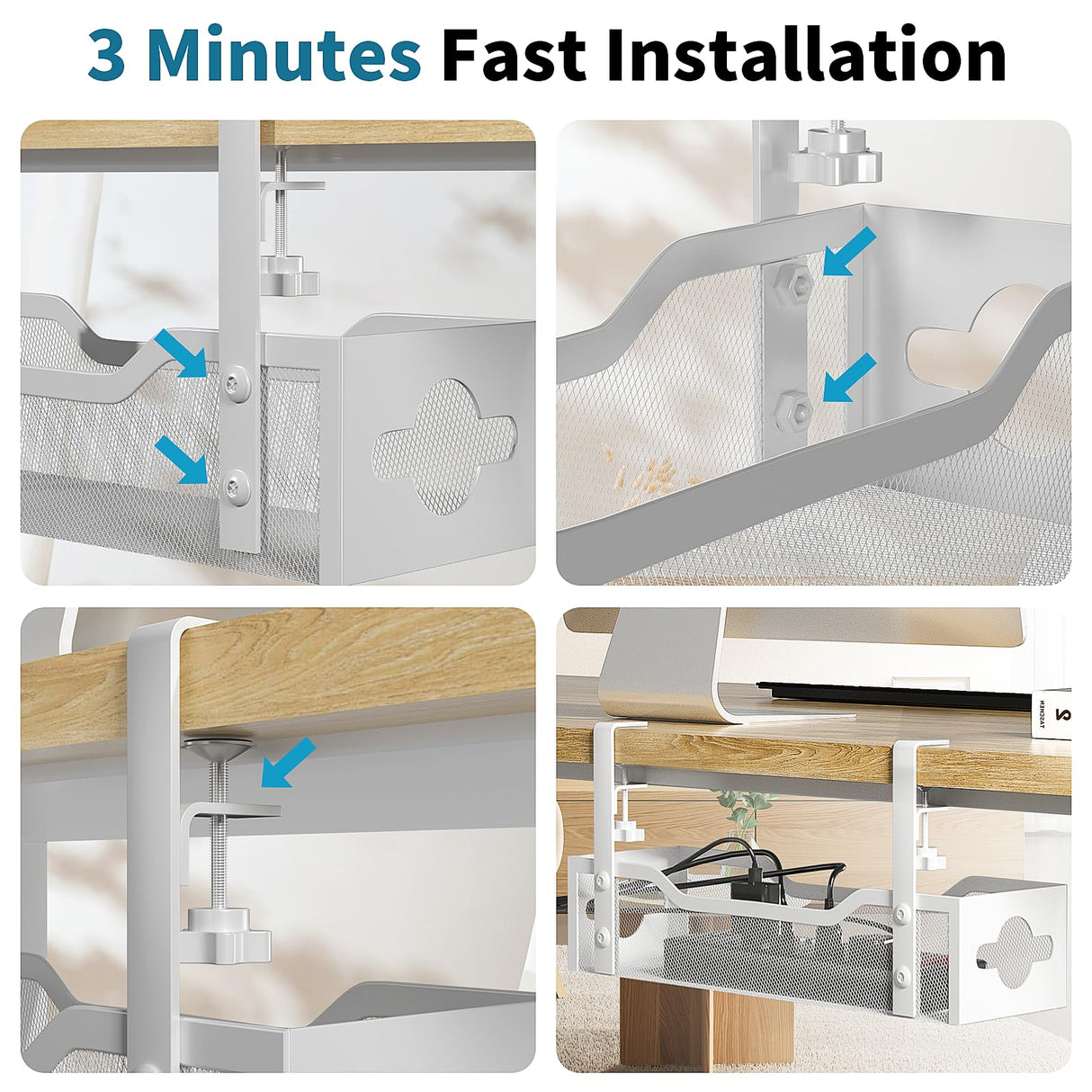 Under Desk Cable Management Tray, Litwaro No Drill, Metal Tray with Clamp for Wire Management, Cord Organizer Home Office Damage to Standing Desk, White, 13.38''