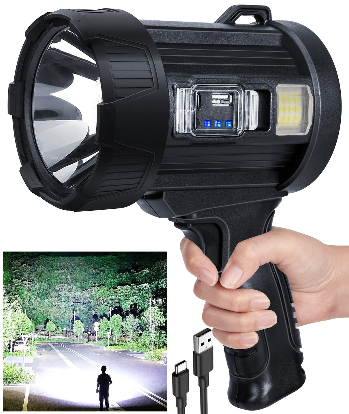 Sigoobal Rechargeable Spotlight,2000000 LM Super Bright Handheld Spot Light LED Flashlight High Lumens,Powered Spotlight Large Searchlight Outdoor with Solar Panels for Boating Camping Hunting