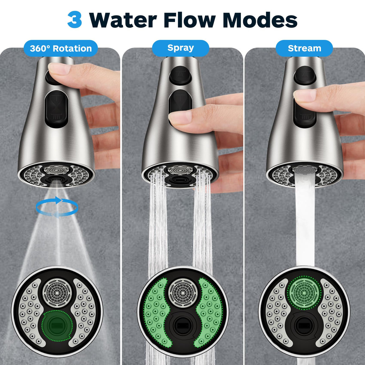 Kitchen Faucet Head Replacement 3 Modes with 17 Adapters, Pull Down Spray Head for Kitchen Faucet, Kitchen Sink Faucet Head G 1/2, Sprayer Head Replacement, Compatible with Moen，Delta, Kohler Faucets