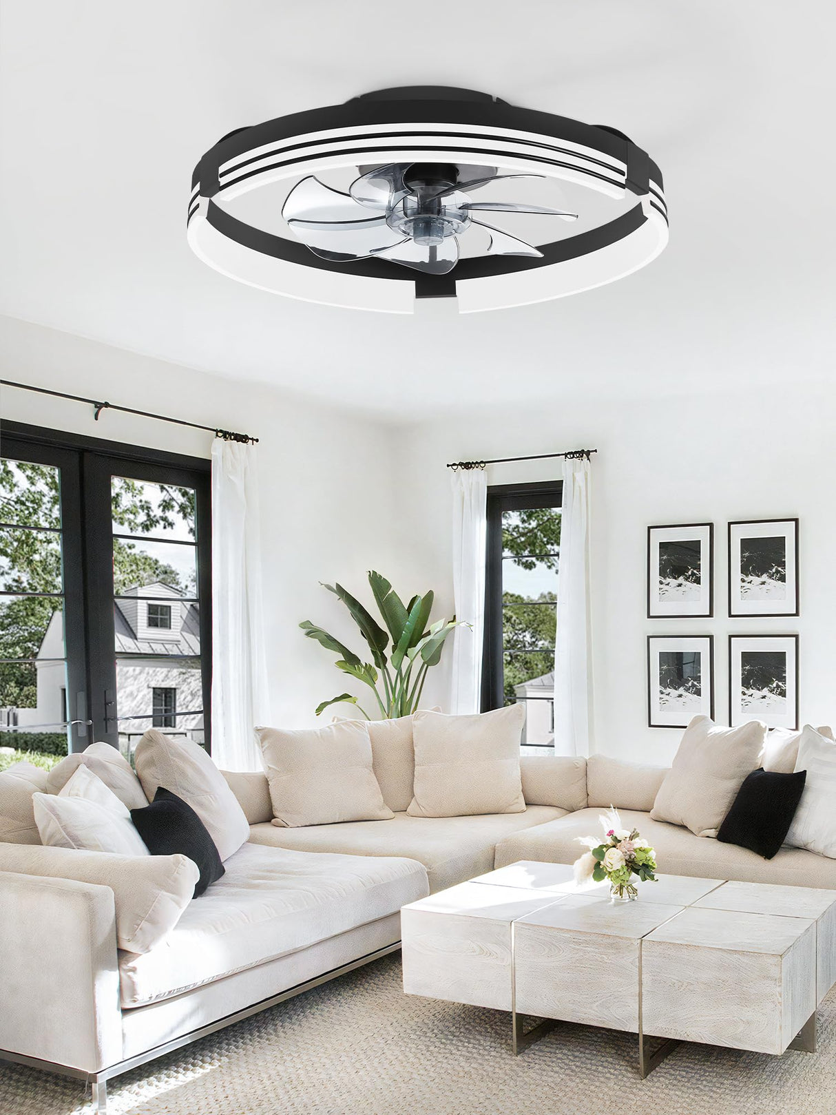 ZMISHIBO Low Profile Ceiling Fans with Lights and Remote, 20 Inch Flush Mount Ceiling Fan with Light, 3000K-6000K Dimmable Fandelier LED Fan Light, 6 Wind Speeds Black Ceiling Fans for Bedroom