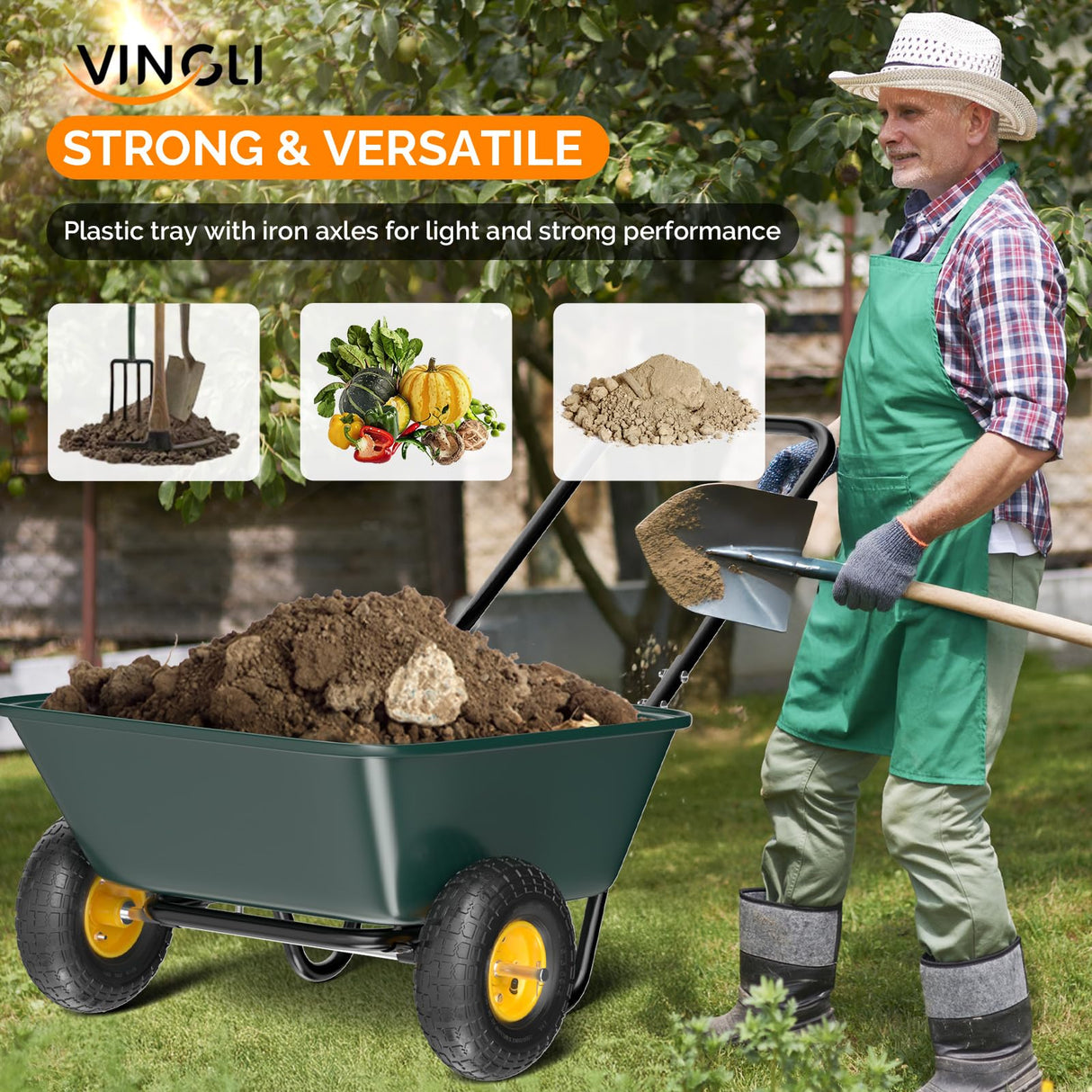VINGLI 2 Wheel Wheelbarrow, Plastic and Steel Wheel Barrel, 330lbs Capacity Garden Cart for Lawn, Gardening, Construction