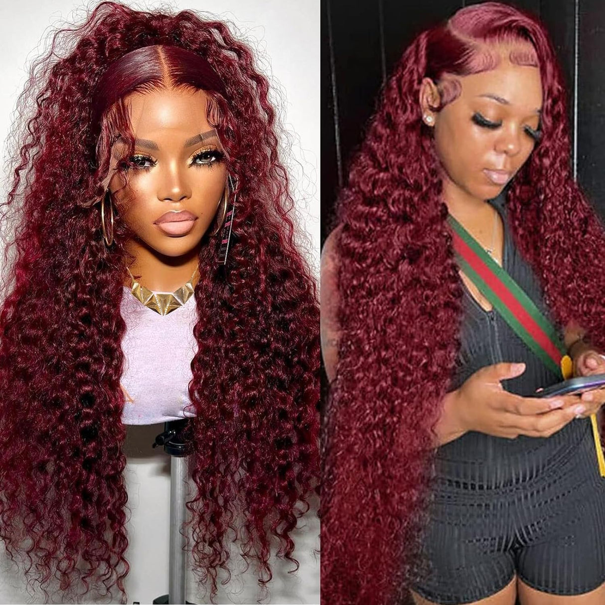 CHEETAHBEAUTY 99J Burgundy Deep Wave 13X6 HD Transparent Lace Front Wigs Human Hair Brazilian Virgin Human Hair Wigs for Black Women Deep Curly Wigs Pre Plucked with Baby Hair 250% Density(30inch)