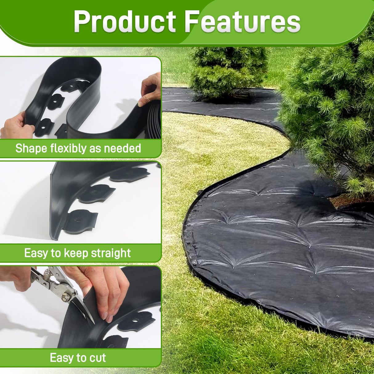 Quibbay 2 Inch x 50FT Landscape Edging Border with 75 Anchoring Spikes, No Dig Garden Border Edging Kit, Plastic Lawn Edging Border for Landscaping Garden Flower Beds Lawn Yard Paver Pathway, Black