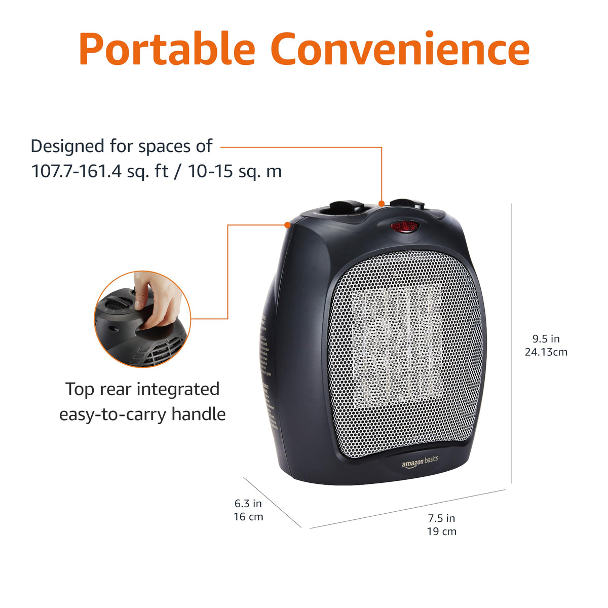 Amazon Basics Ceramic Space Heater, Portable Indoor Heating Solution, With Overheat and Tip-Over Protection, Thermostat, Non-Oscillating, 1500W, 7.52"D x 6.34"W x 9.45"H, Black