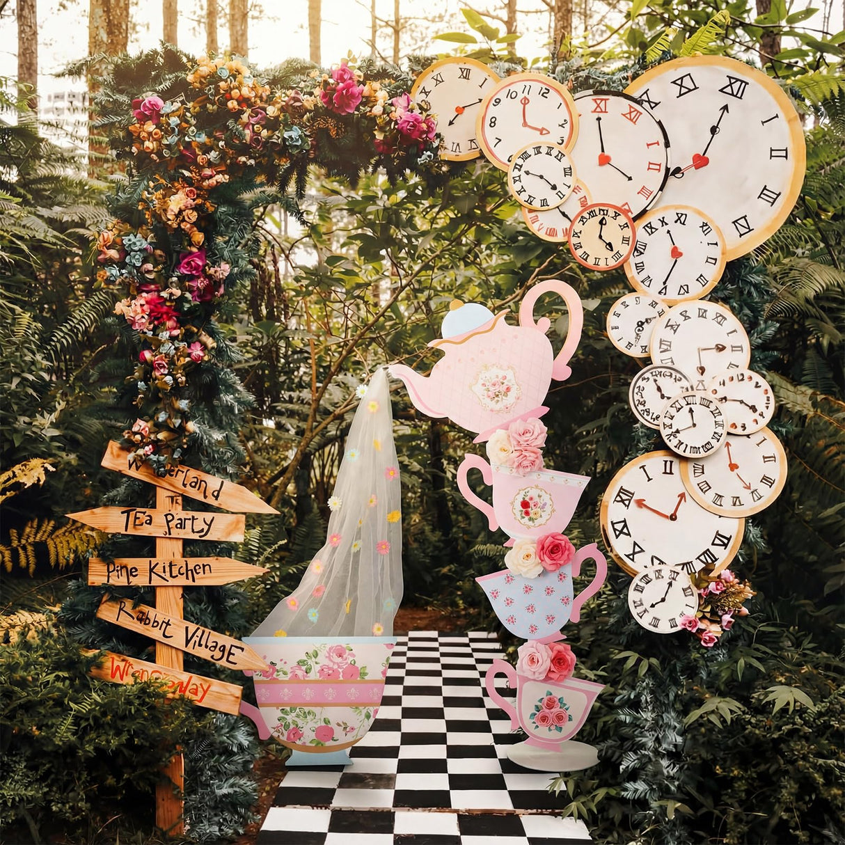 Bucherry 4 Pcs Wonderland Tea Party Yard Decorations Wonderland Garden Yard Sign Stand Set Stacked Teacups Wildflowers with Brackets for Tea Party Birthday Spring Outdoor Decoration
