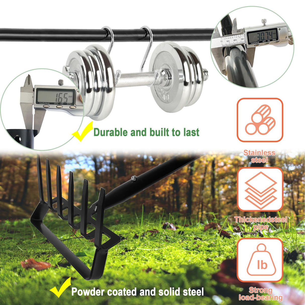 4-Tines Rake and Stirrup Hoe - Stainless Steel Cultivator for Gardening