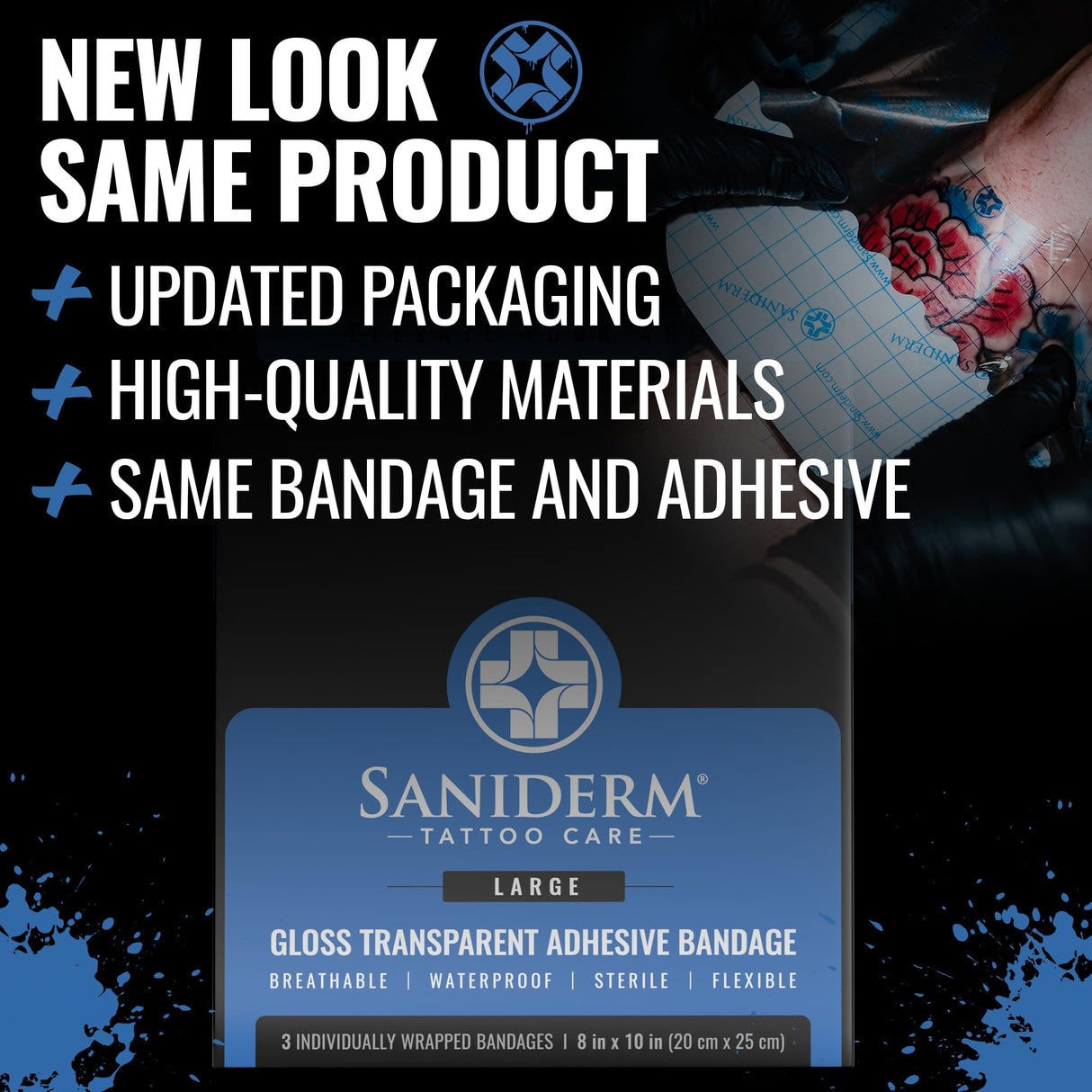 Saniderm Tattoo Aftercare Bandage 3 Sheets (Large Pack, 8 in x 10 in) – Convenient, Faster Tattoo Healing and Protection – Sterile, Waterproof, and Latex-Free