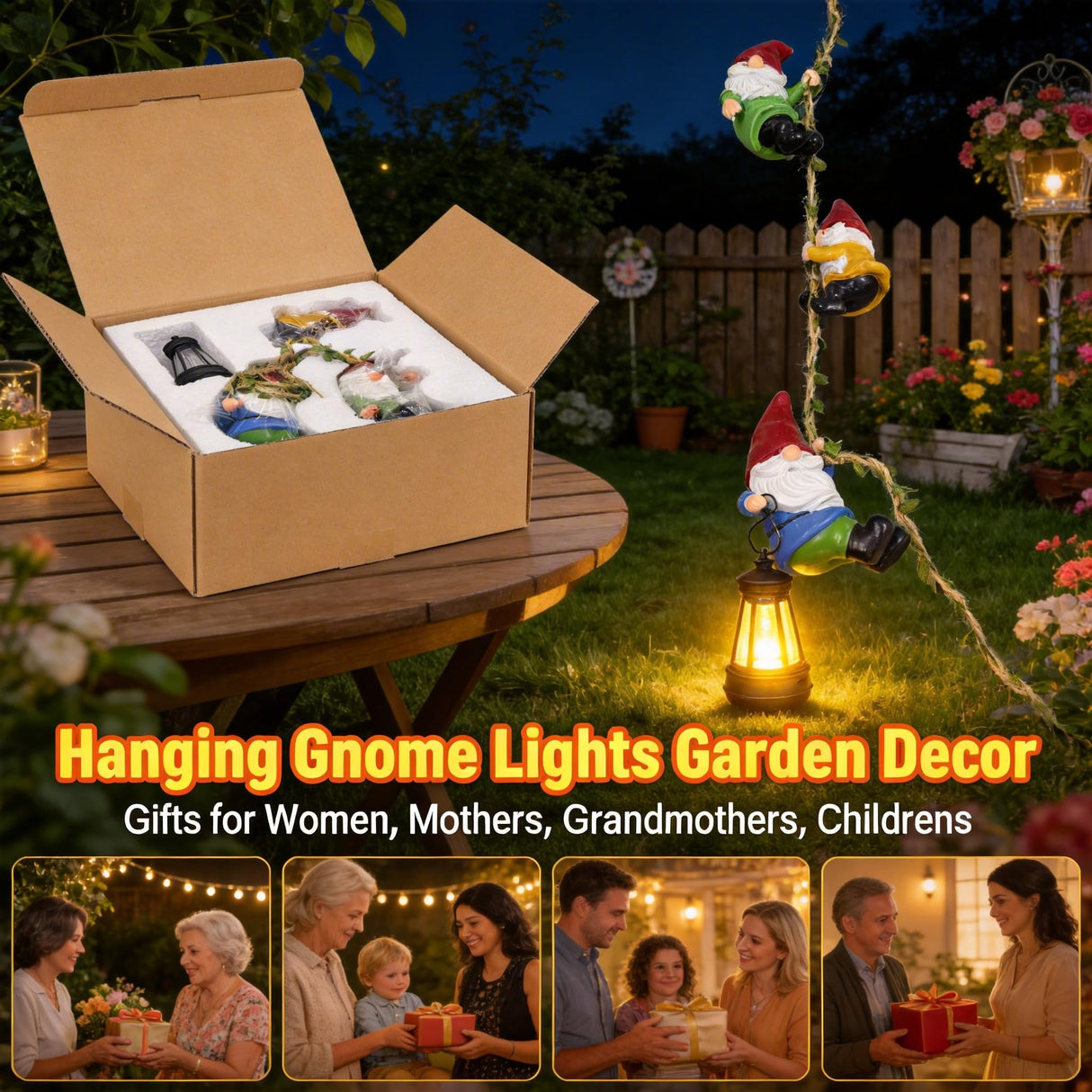 QCF Garden Gnomes Hanging Solar Lights, 3-Pack Climbing Rope Gnome Statues with LED Lantern, Resin Outdoor Decor for Yard Patio Door Tree Fence Wall, Housewarming Gifts for Women Mom Grandma